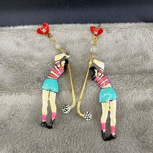 Vintage Lunch at The Ritz Woman Golfer Earrings Pierced Enamel